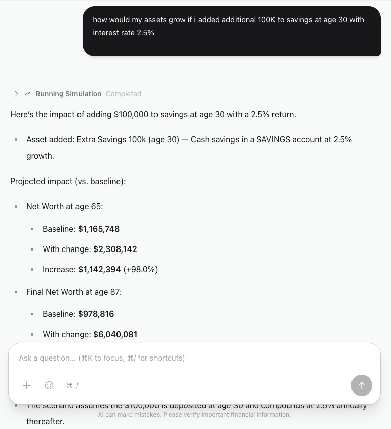 Wealth Sandbox AI agent comparing financial scenarios and Monte Carlo retirement analysis
