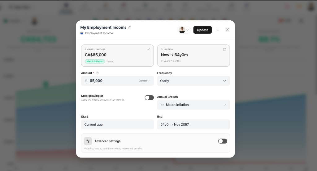 Employment income editor: summary cards, amount with Actual or Today's basis, frequency, growth, start and end, Advanced settings