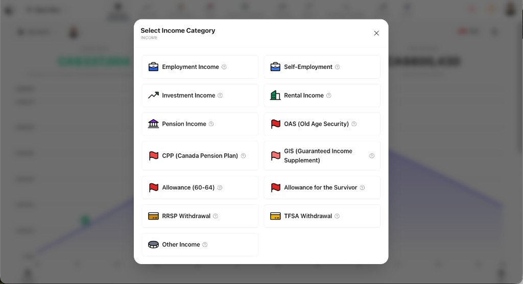 Select Income Category modal: grid of types including employment, CPP, OAS, GIS, RRSP, and TFSA