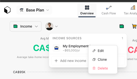 Income sources: overflow menu with Edit, Clone, and Delete
