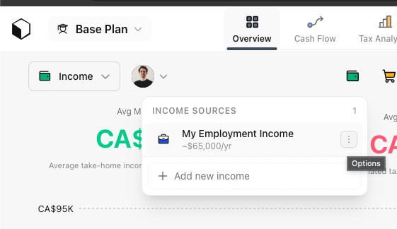 Income sources list: Options ⋯ on a row opens the overflow menu