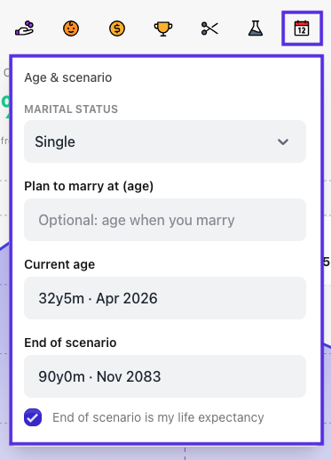 Age and scenario dropdown: marital status, plan to marry, current age, end of scenario, life expectancy checkbox