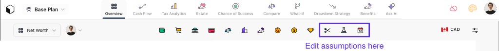 Overview toolbar: Tax scissors, Assumptions flask, and Age and scenario calendar, with callout to edit assumptions here