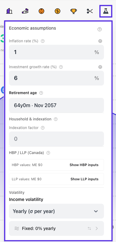 Economic assumptions dropdown: inflation, investment growth, retirement age, household indexation, HBP LLP, volatility