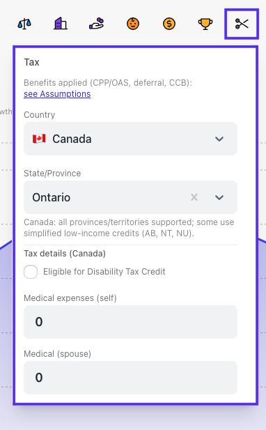 Tax menu for Canada: country and province, benefits note with link to Assumptions, disability tax credit, medical expenses
