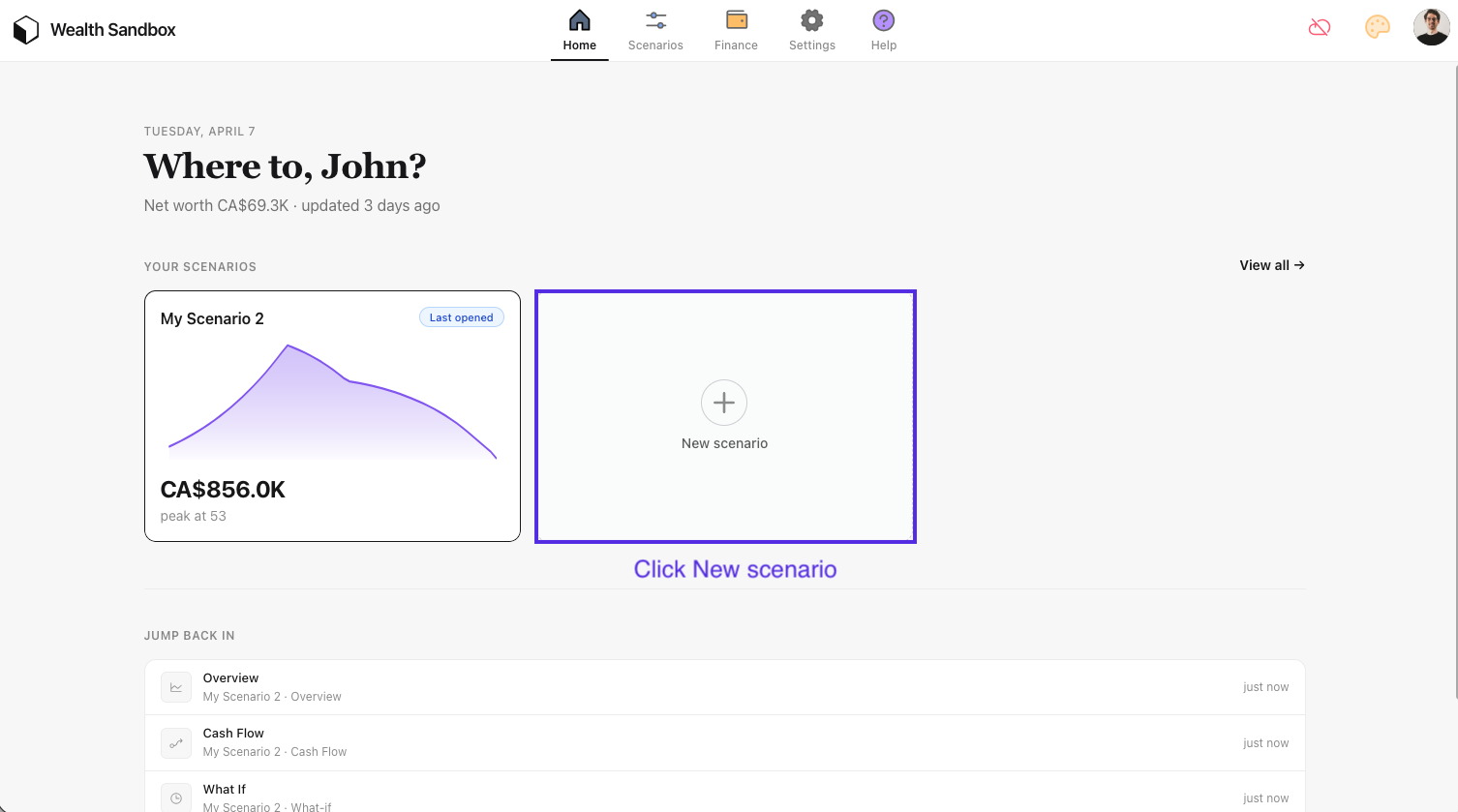 Click New scenario on the Home dashboard