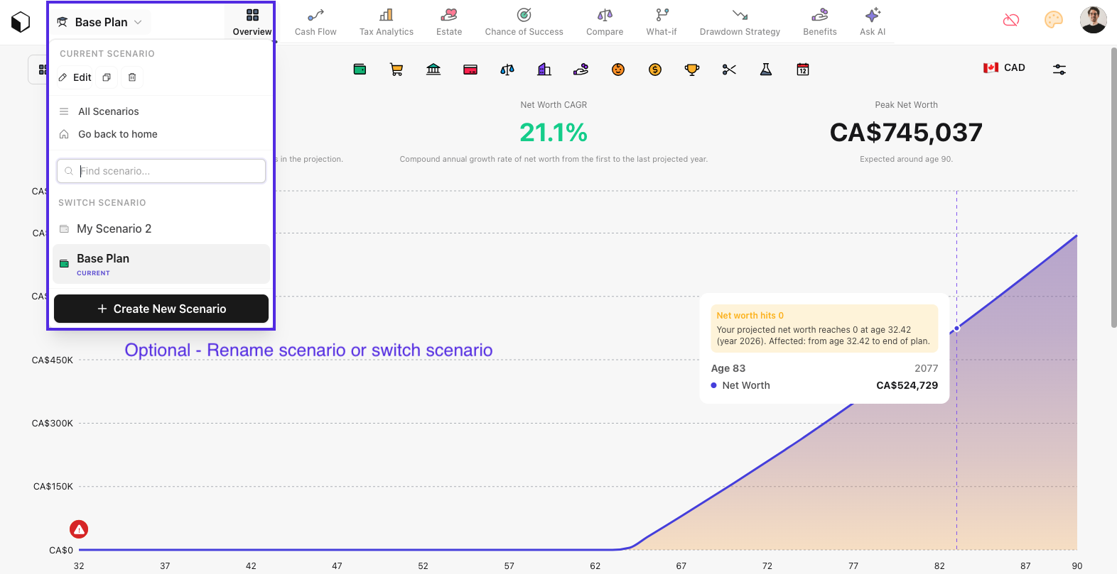 Optional: scenario menu (rename, edit icon, clone, delete, switch scenarios)
